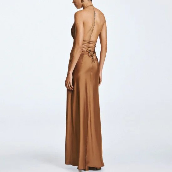 Φόρεμα μάξι με ντράπε λαιμόκοψη Brown Access