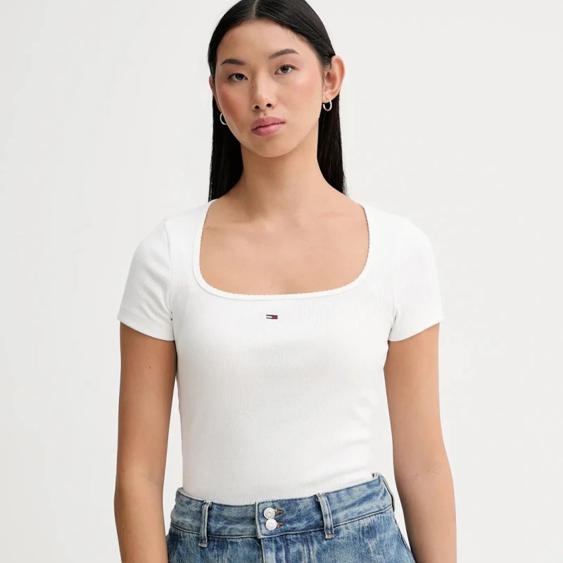 Μπλούζα με κοντό μανίκι slim soft rib ss White Tommy jeans