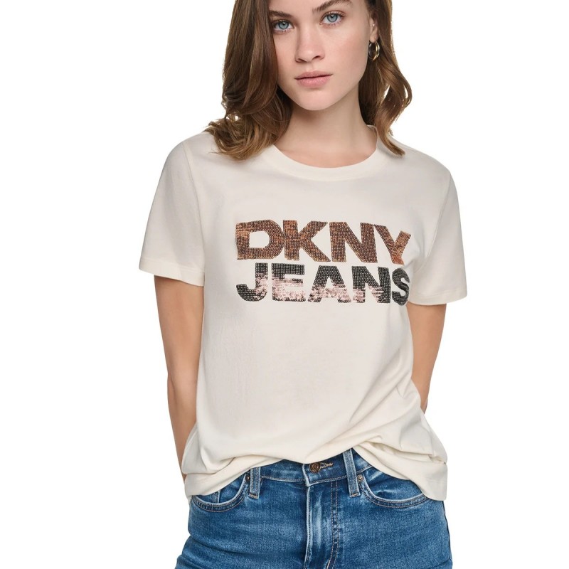 Μπλούζα με κοντό μανίκι sequin stacked Ecru DKNY
