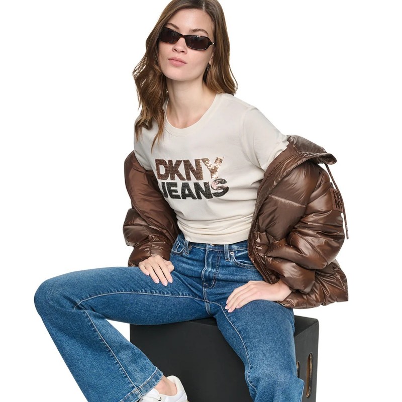 Μπλούζα με κοντό μανίκι sequin stacked Ecru DKNY