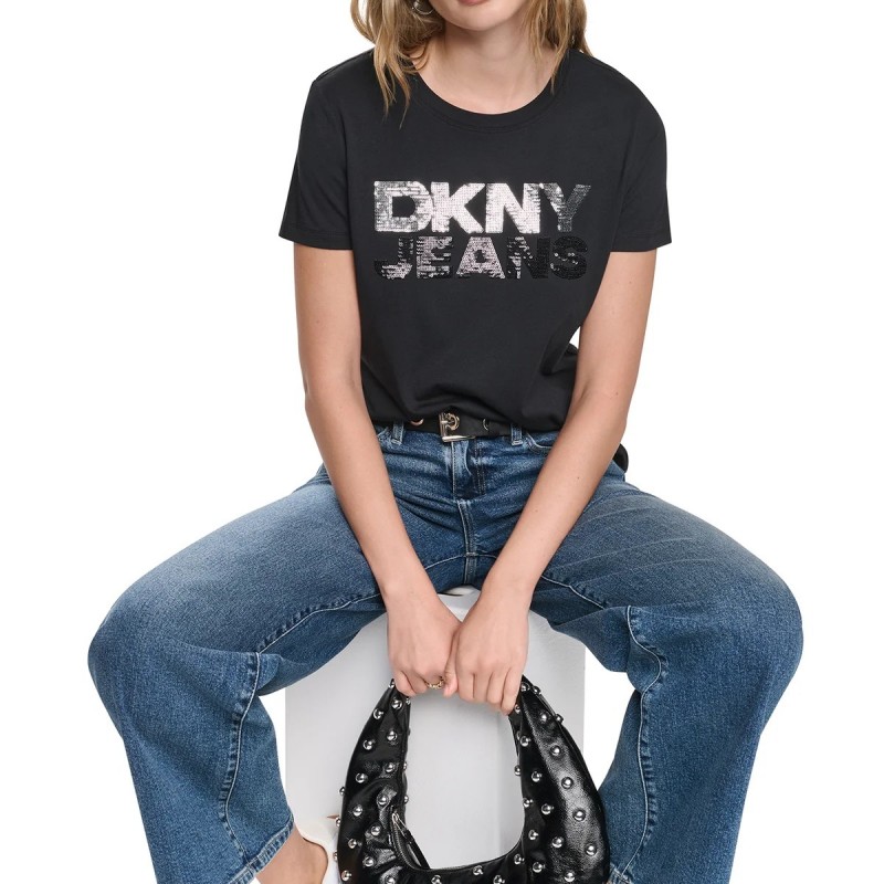 Μπλούζα με κοντό μανίκι sequin stacked Black DKNY