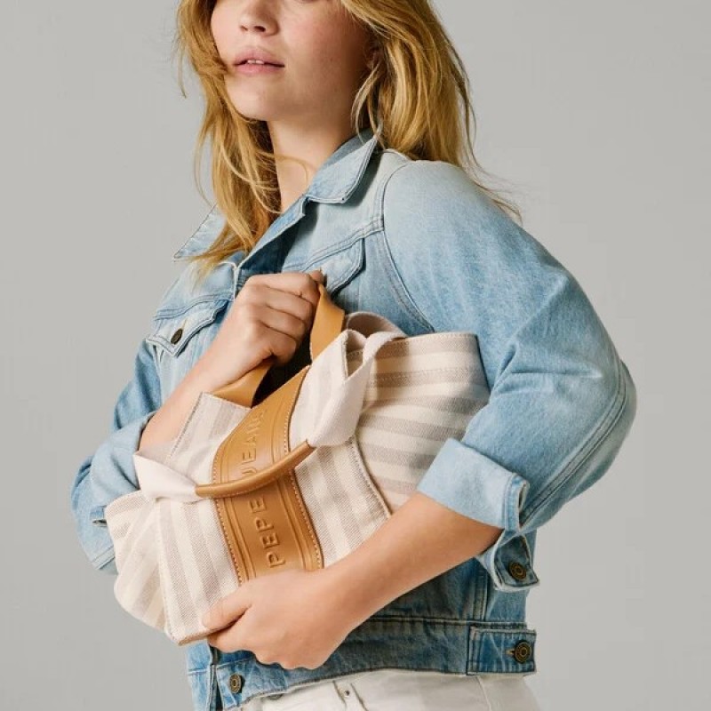 Τσάντα γυναικεία με ρίγες Niza Beige Pepe jeans