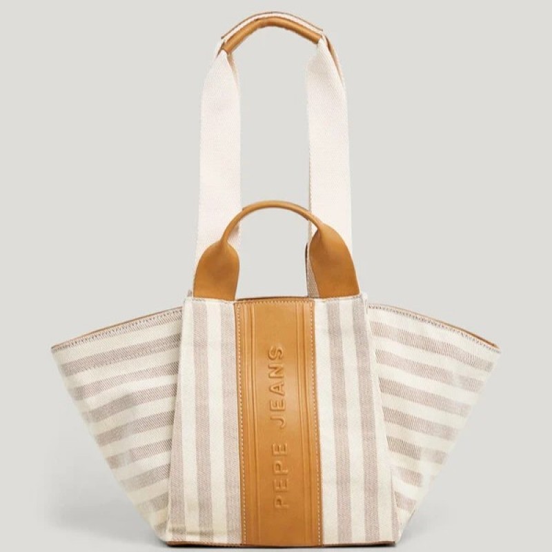 Τσάντα γυναικεία με ρίγες Niza Beige Pepe jeans