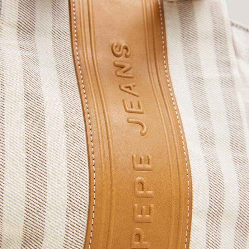Τσάντα γυναικεία με ρίγες Niza Beige Pepe jeans