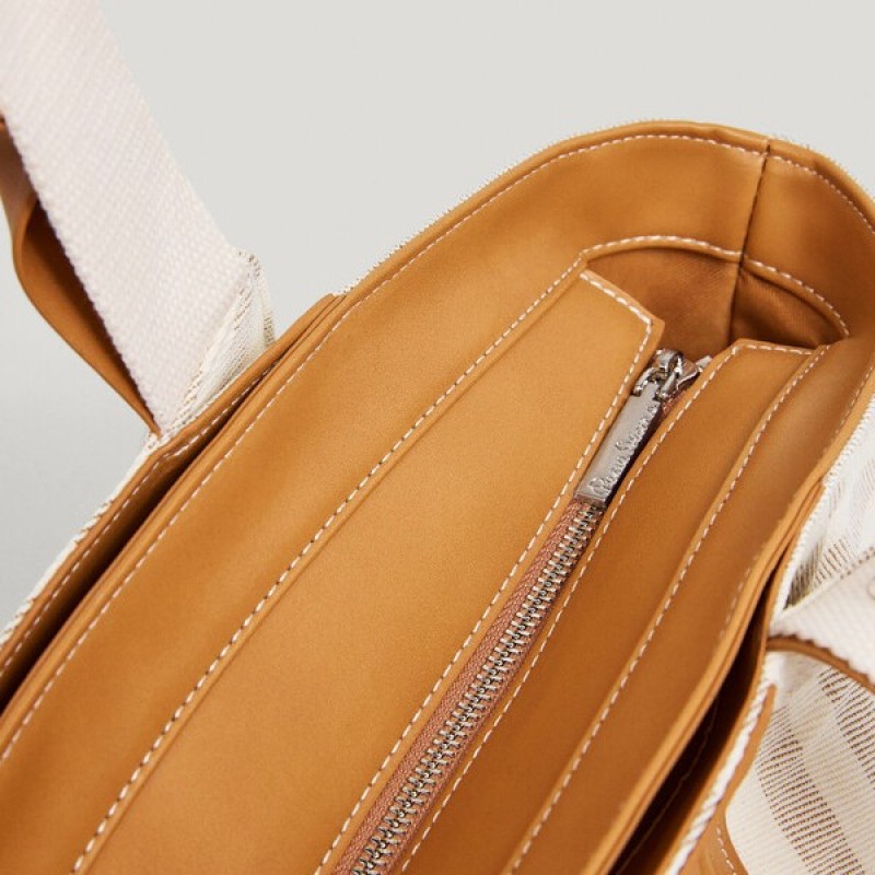 Τσάντα γυναικεία με ρίγες Niza Beige Pepe jeans