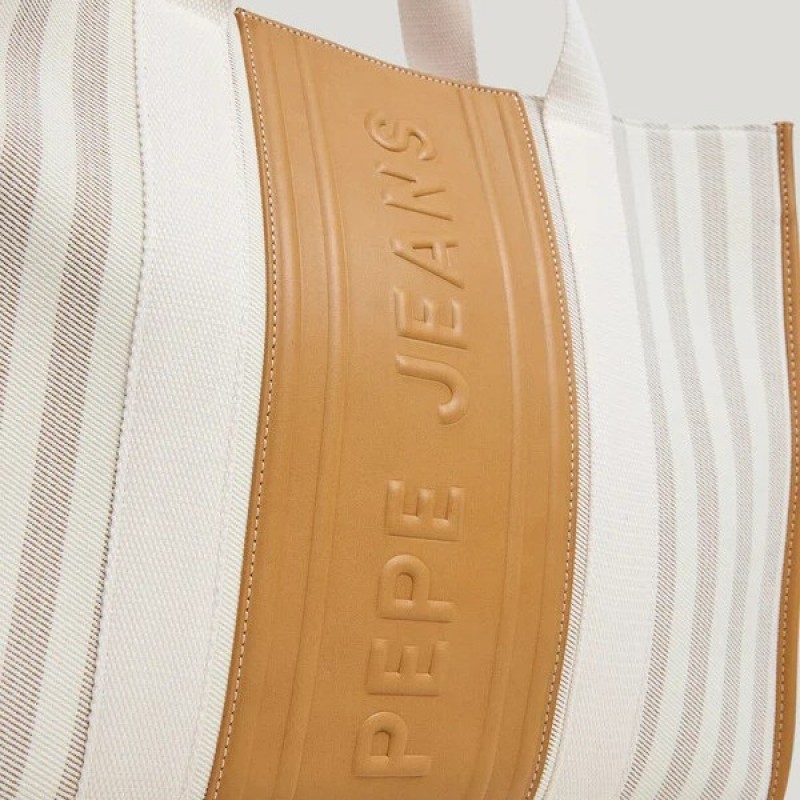 Τσάντα με ρίγες shopping Niza Beige Pepe jeans