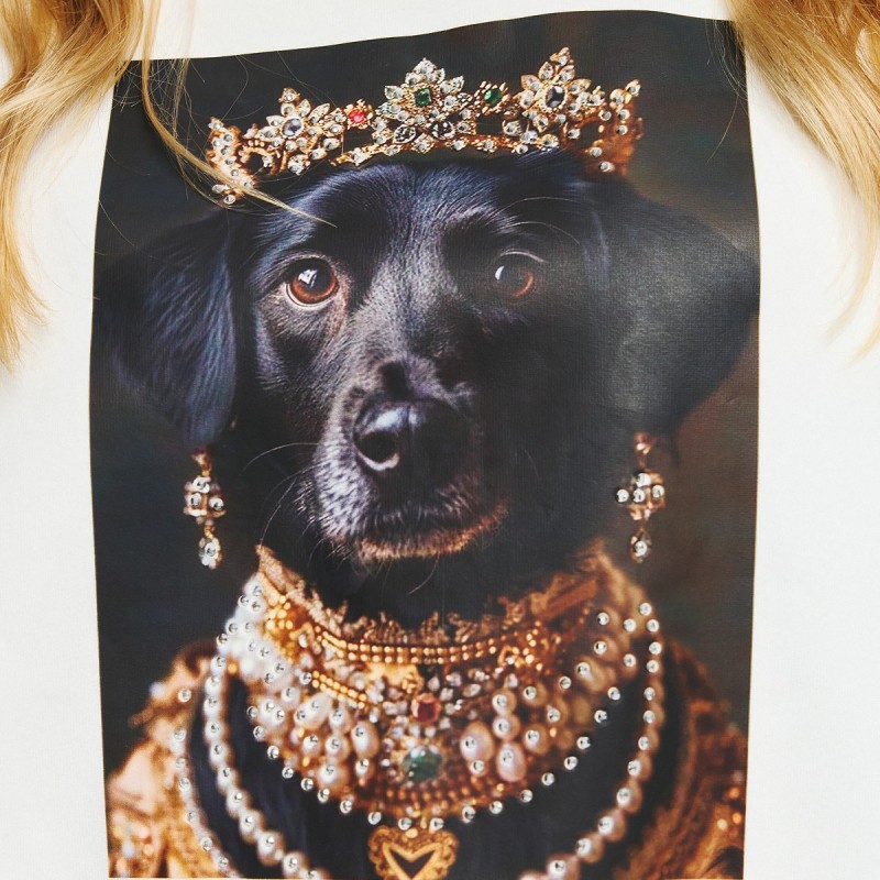 Μπλούζα Φούτερ με Τύπωμα Σκύλο με Κορώνα White De javu